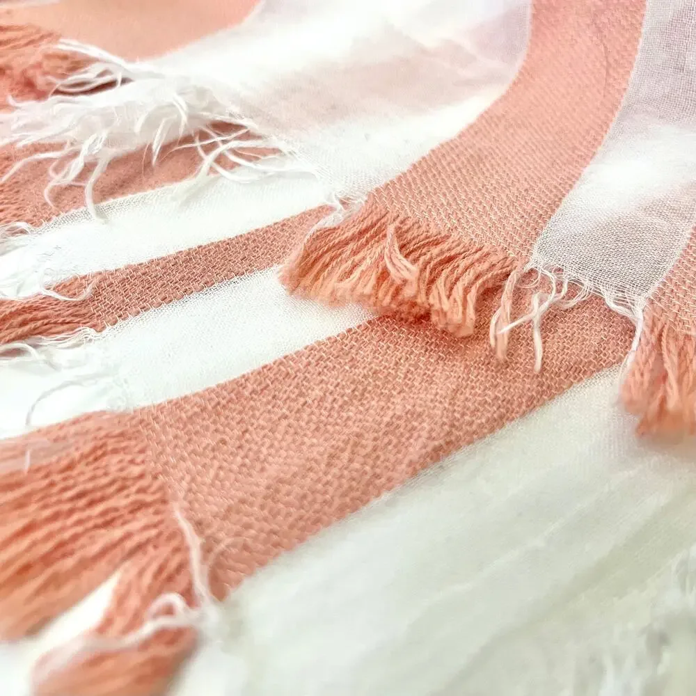 Vince Light Coral Gauzy White Stripe Cotton-Blend Fringe Shawl Wrap Scarf